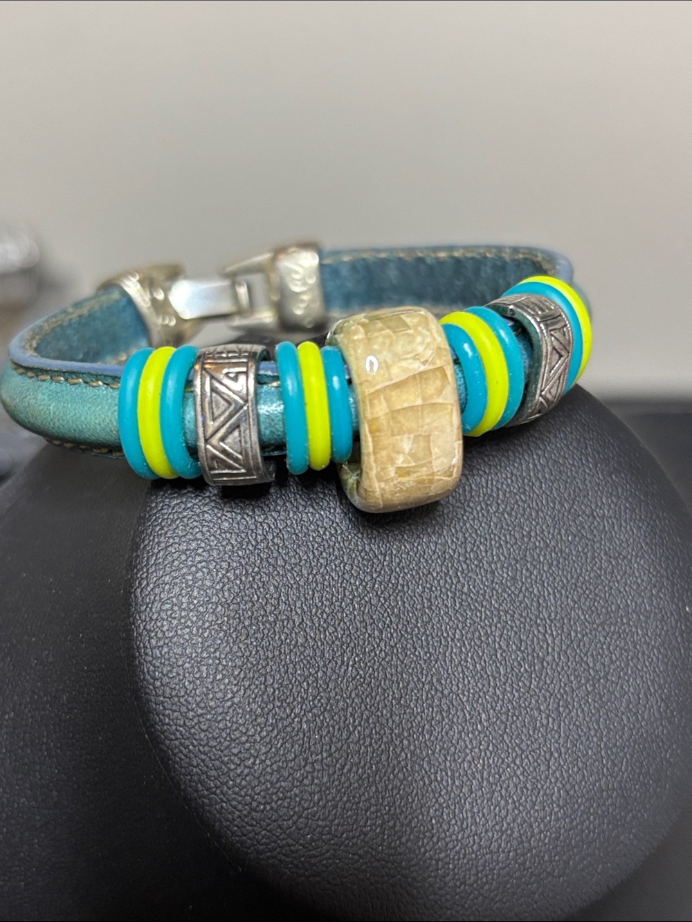 Ceramic Leather Boho Blue Green Beaded  Bracelet - Picture 5 of 7